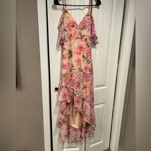 Lulus Watch Me Grow Pink Floral Print Cold-Shoulder High-Low Dress